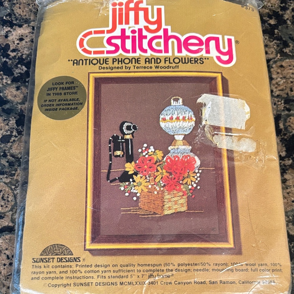Vtg JIFFY STITCHERY Antique Phone and Flowers Crewel Kit by Sunset Designs